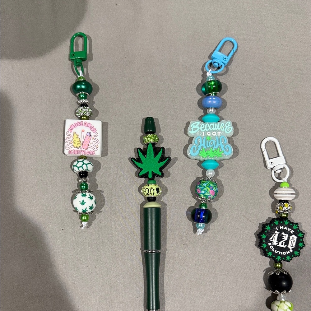 Decorative Beaded Keychain with Green Accents